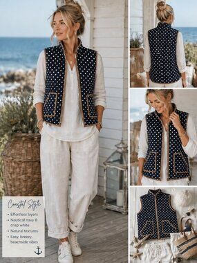 Bo Bel Quilted Vest Navy Cream Polka Dot Lined‎ Preppy Coastal Women's L